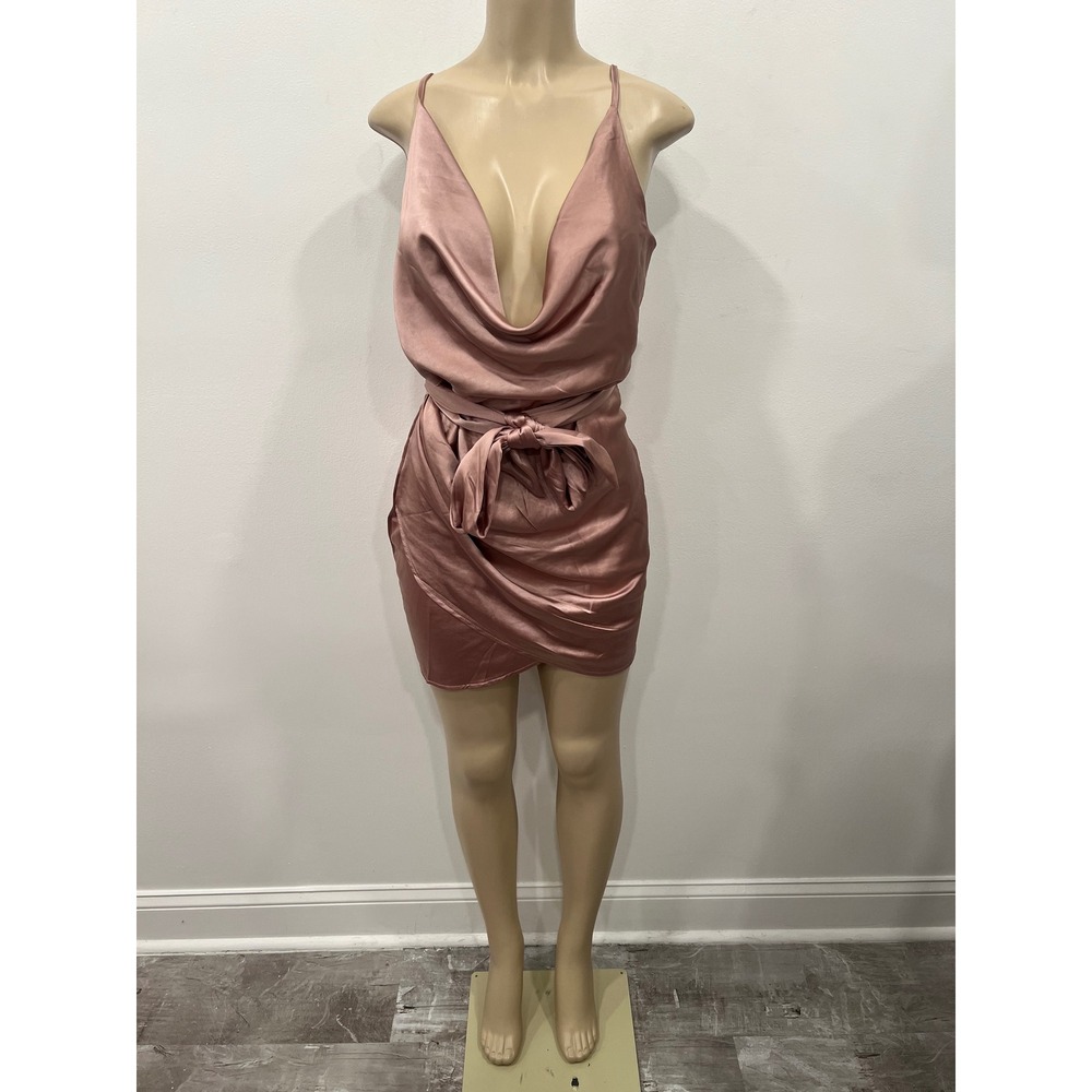 Mable Mini Dress Womens L Pink Excellent Satin Draped Ruched Cocktail Tie Front